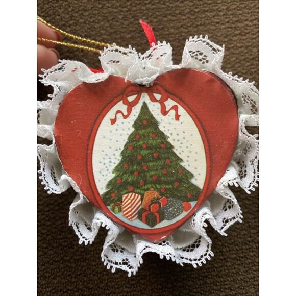 Handmade Red Wooden Heart Decoration Christmas Tree Ribbon White Ornament Cute - Picture 2 of 11